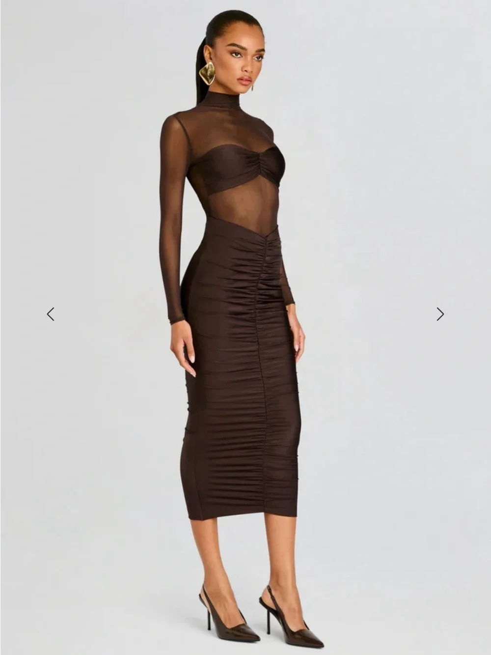 SER.O.YA Levina Mesh Ruched Maxi Dress Brown M - Picture 3 of 10